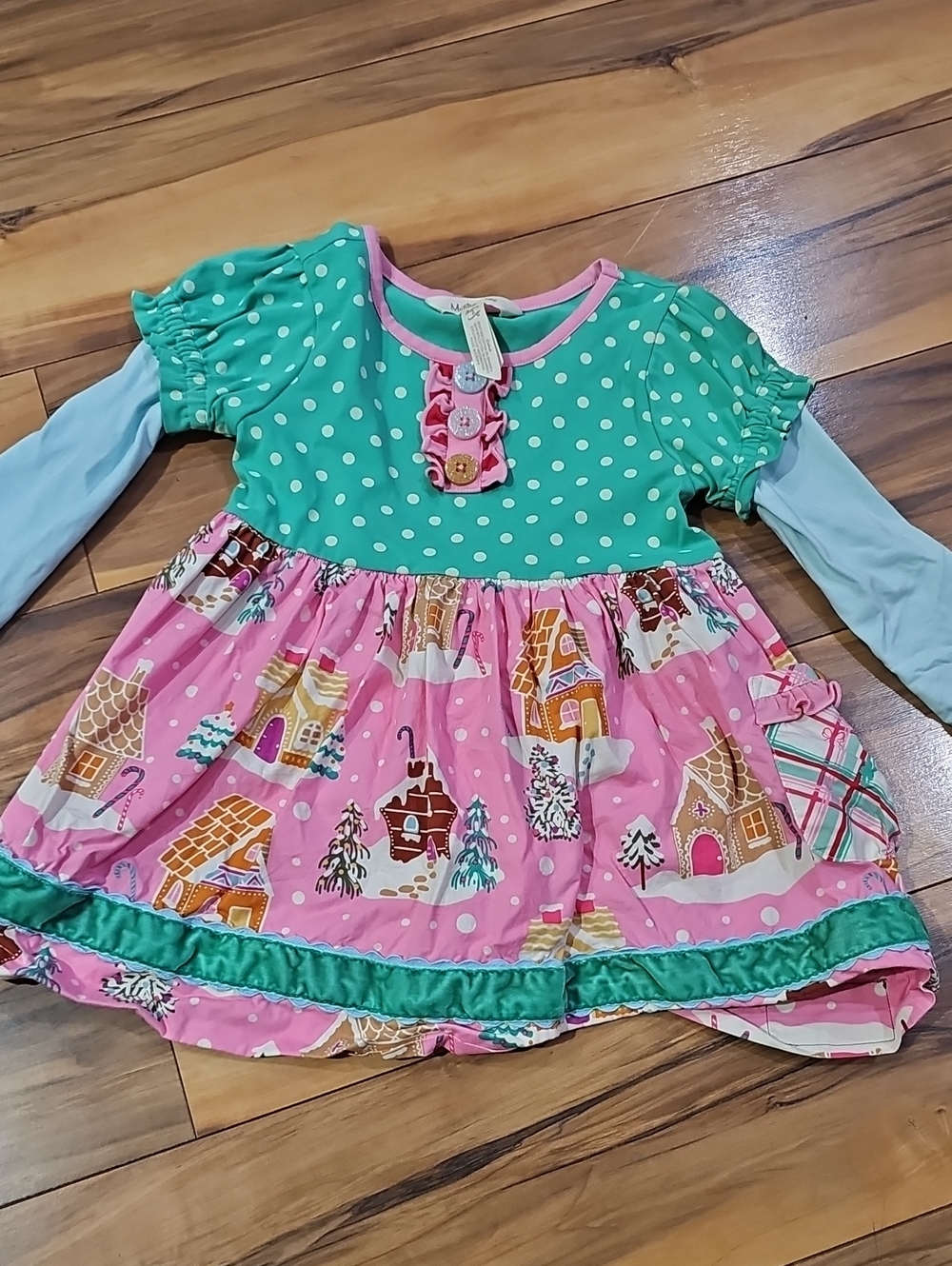 Matilda Jane Girls 2 Polka Dot & Gingerbread Print Pink Green Girls Dress